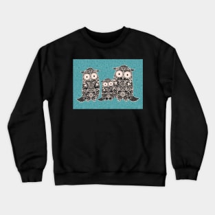 Folk Art Owl Family with Owlet on Teal Floral Background Crewneck Sweatshirt